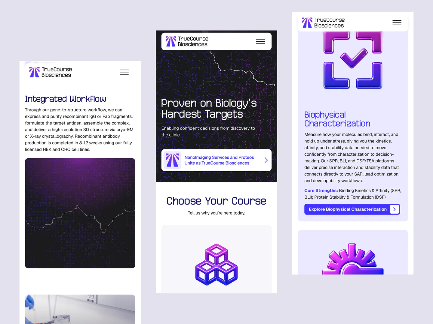 TrueCourse Biosciences mobile layouts presenting integrated workflows, the homepage, and biophysical characterization