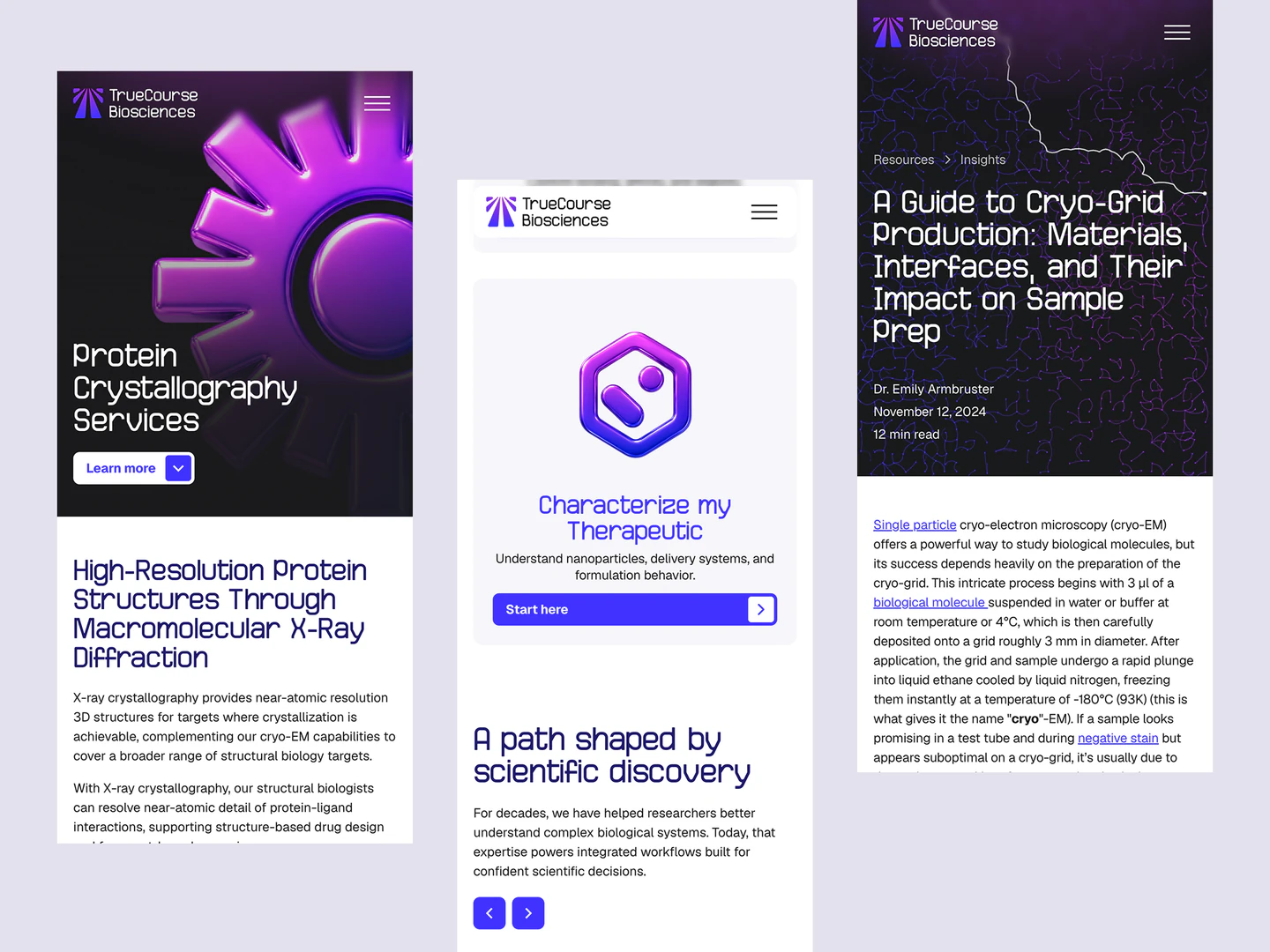 TrueCourse Biosciences mobile layouts showing protein crystallography, therapeutic characterization, and a cryo-grid production guide