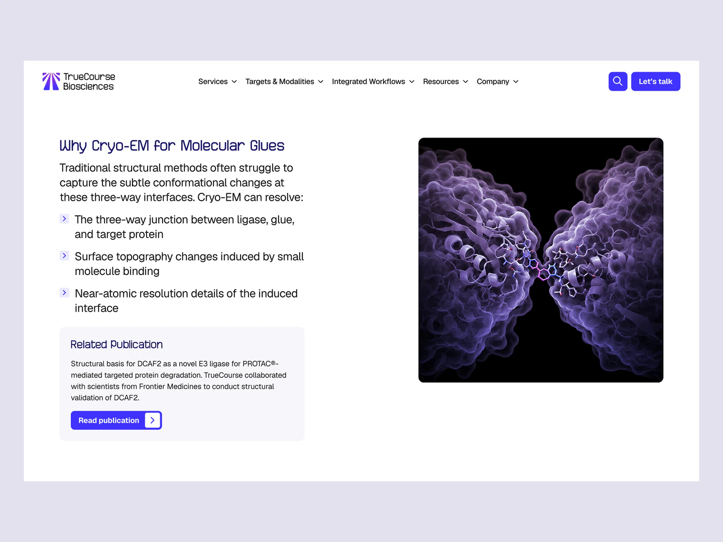 TrueCourse Biosciences molecular glues page explaining cryo-EM research