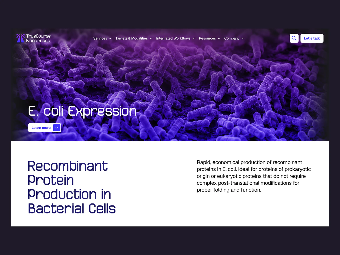 TrueCourse Biosciences E. coli expression page introducing recombinant protein production in bacterial cells