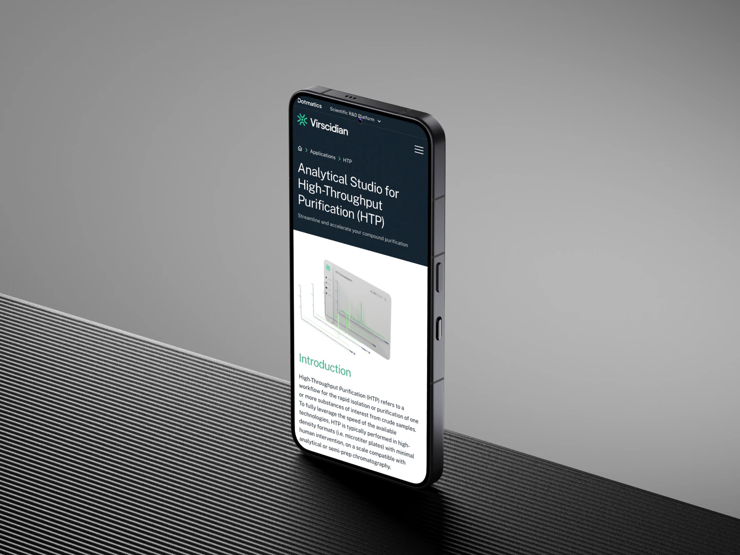 Virscidian high-throughput purification page displayed on a phone