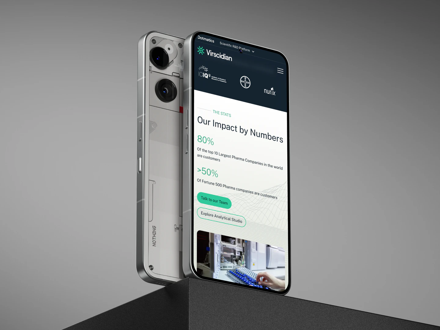 Virscidian company impact section displayed on a phone against a gray background