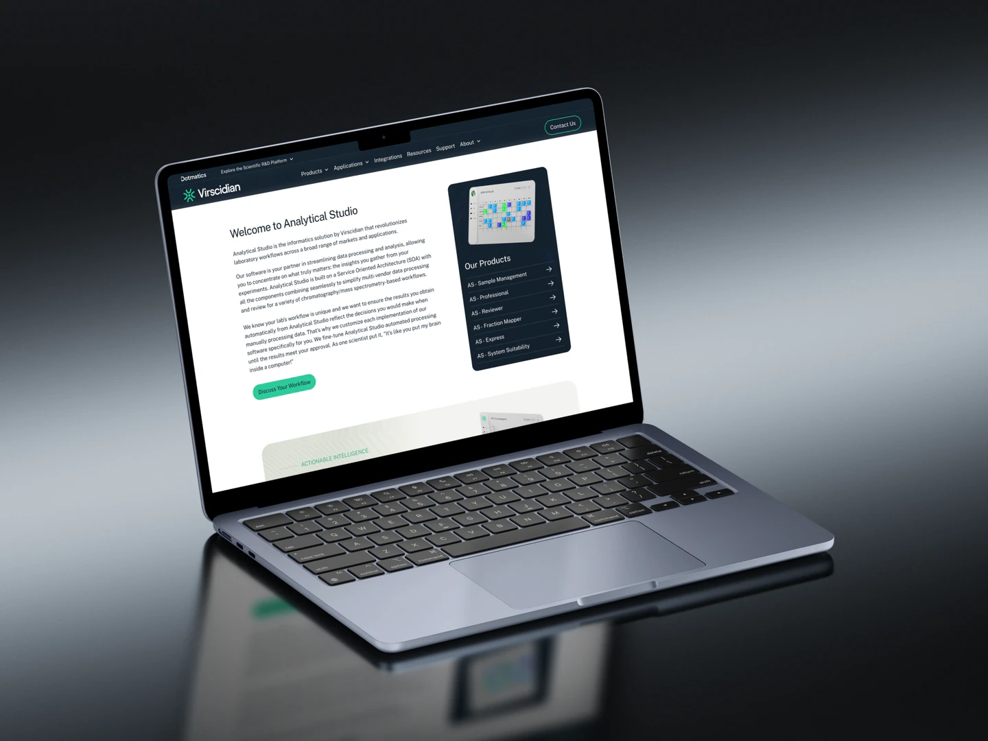Virscidian Analytical Studio introduction displayed on a laptop on a reflective surface