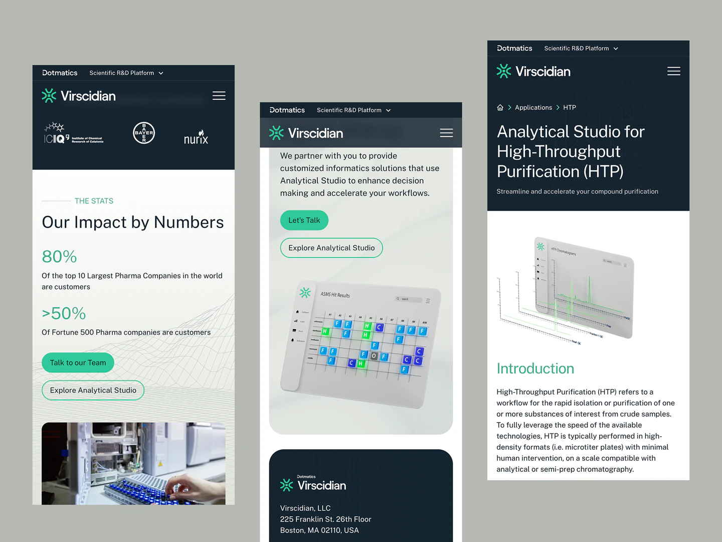 Virscidian mobile layouts showing company impact, analytical solutions, and high-throughput purification