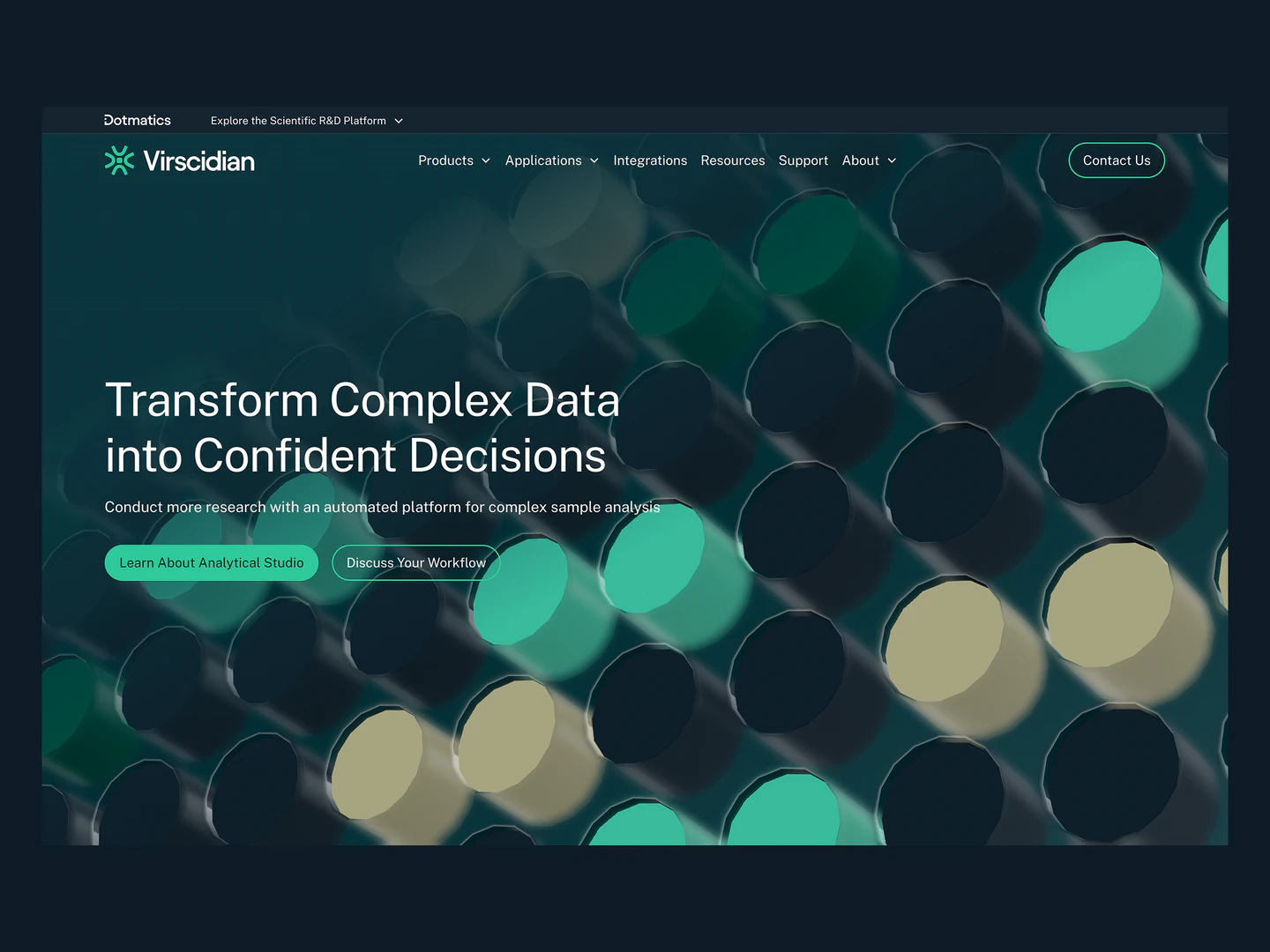 Virscidian homepage introducing automated analytical research and confident decisions