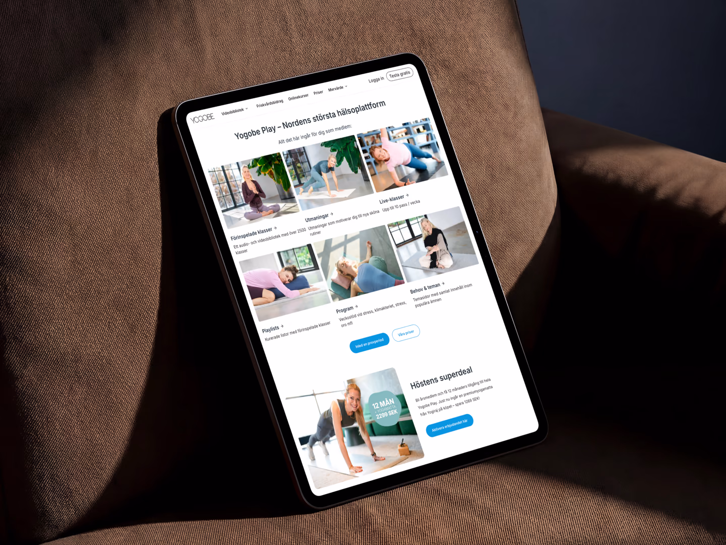 Yogobe membership overview on a tablet resting on a brown armchair