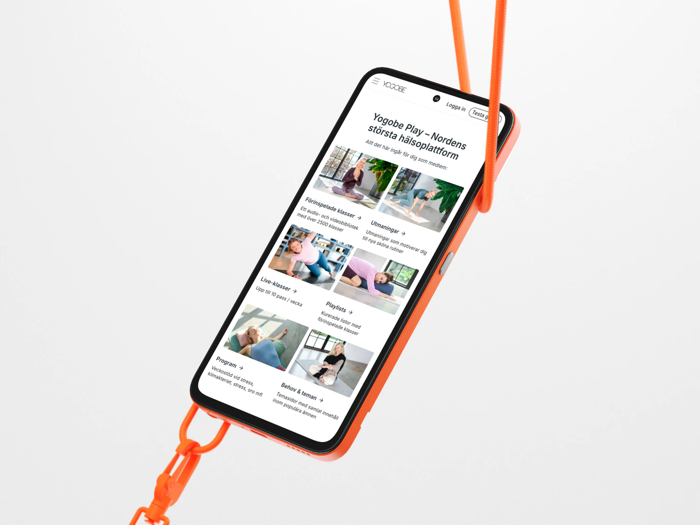 Yogobe mobile membership overview on a phone suspended from orange cords