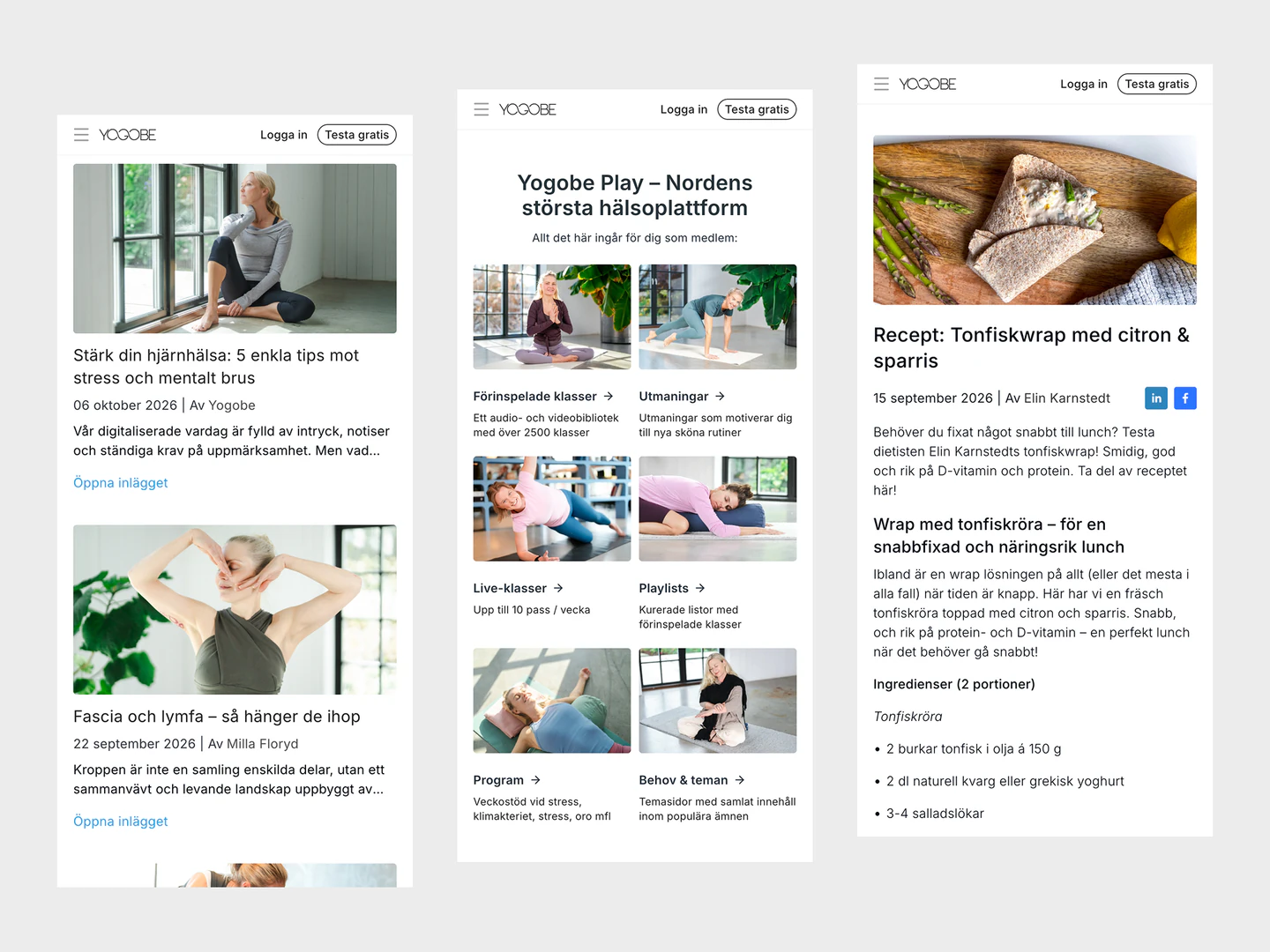 Yogobe mobile wellbeing articles, membership overview and recipe pages