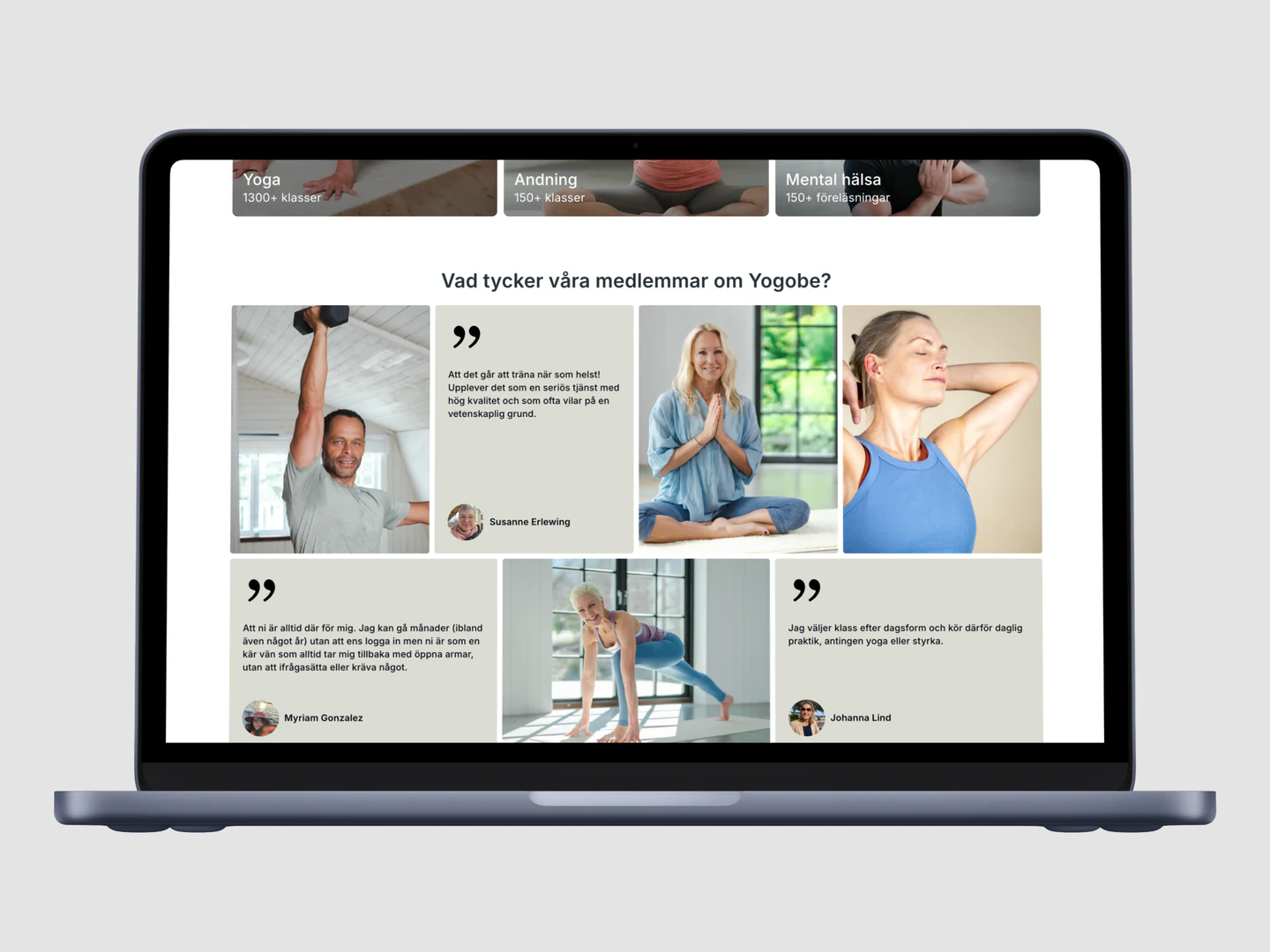 Yogobe member testimonials on a laptop mockup