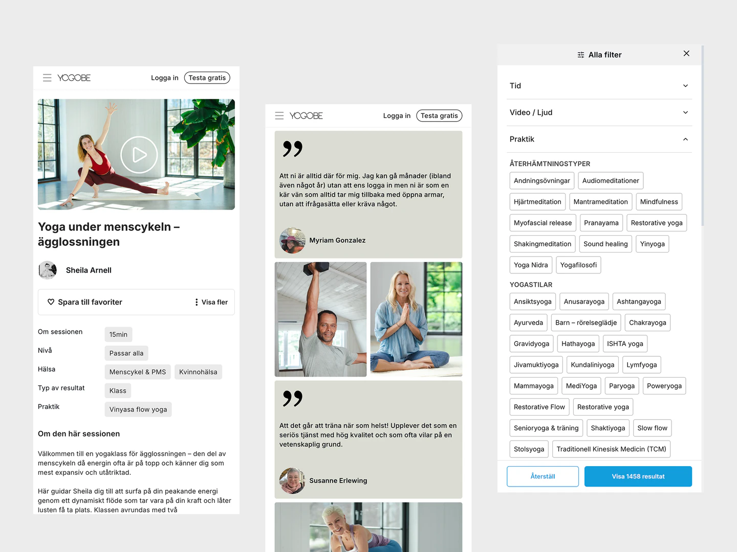 Yogobe mobile yoga class, member testimonials and video library filters