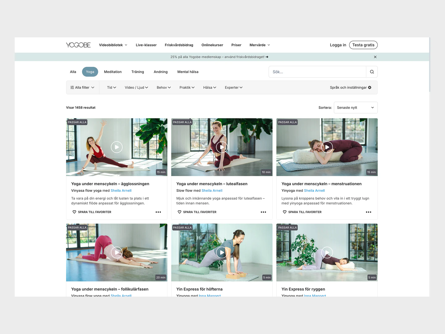 Yogobe desktop video library with yoga classes and search filters