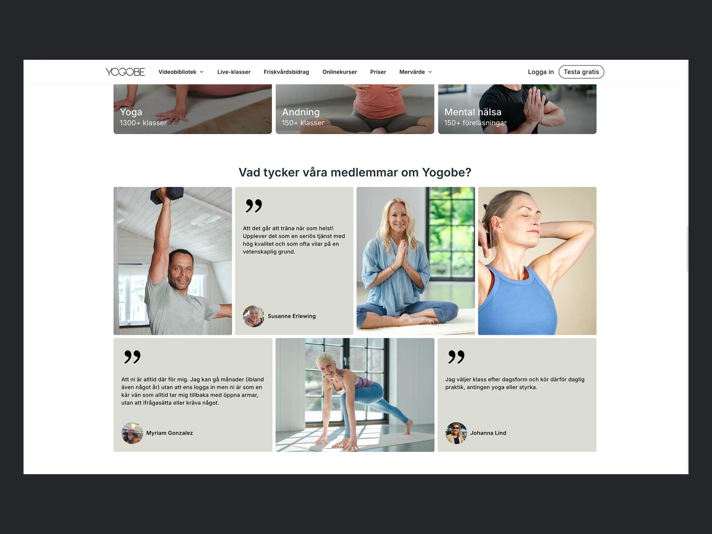 Yogobe desktop member testimonials and wellbeing photography