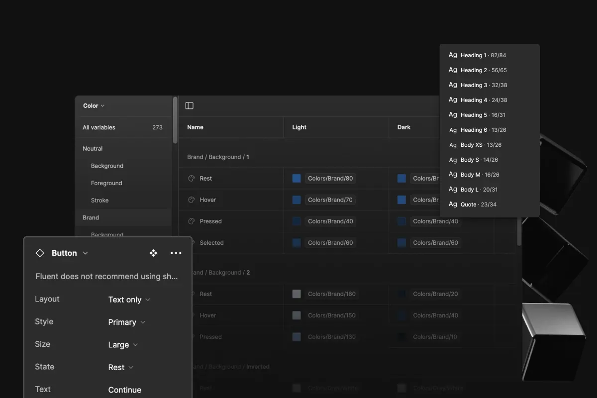 Website design system with color variables, typography, and reusable components